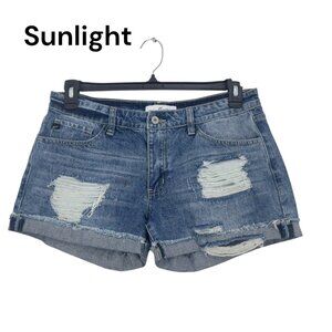 KanCan Womens Size L Mid Rise Distressed Cuffed Blue Denim Shortie Shorts